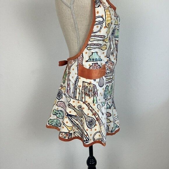 Retro Women Orange & Cream Apron Kitchen Garden Pocket Adjustable Cotton Pinup - Picture 9 of 9
